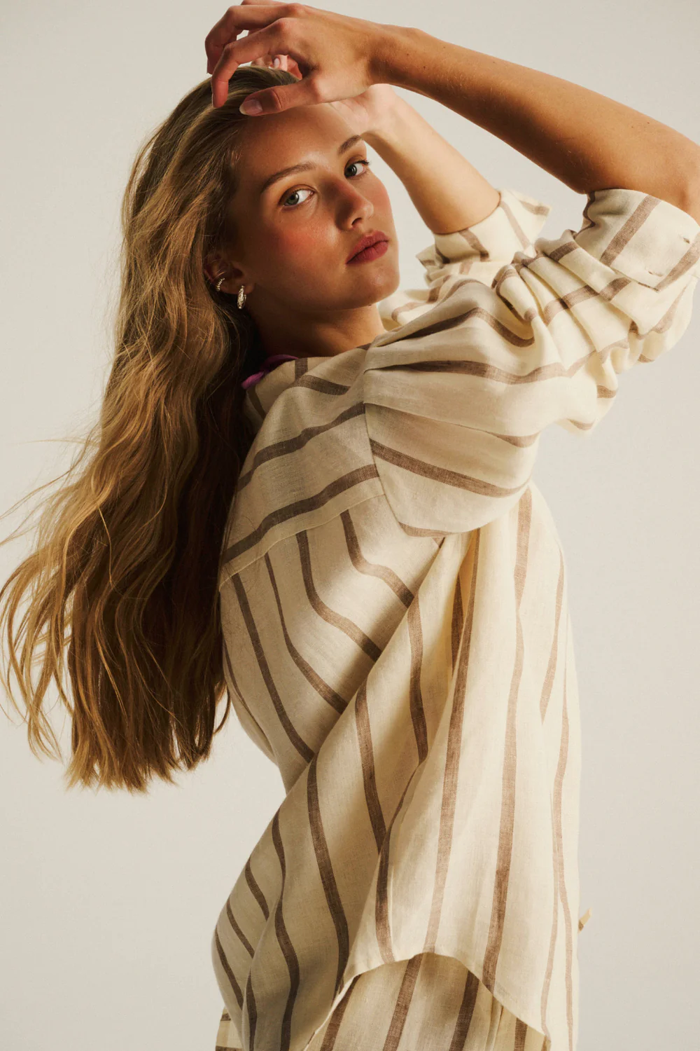 Koszula Kayla Linen Ecru Cappuccino Stripe - Image 3