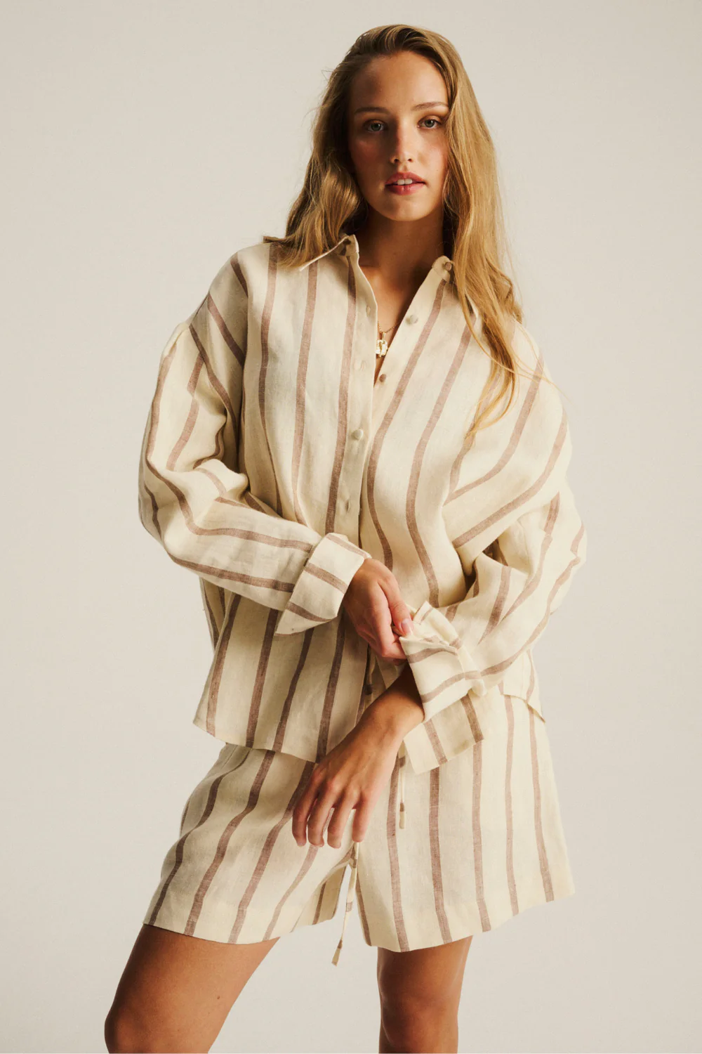 Koszula Kayla Linen Ecru Cappuccino Stripe - Image 4