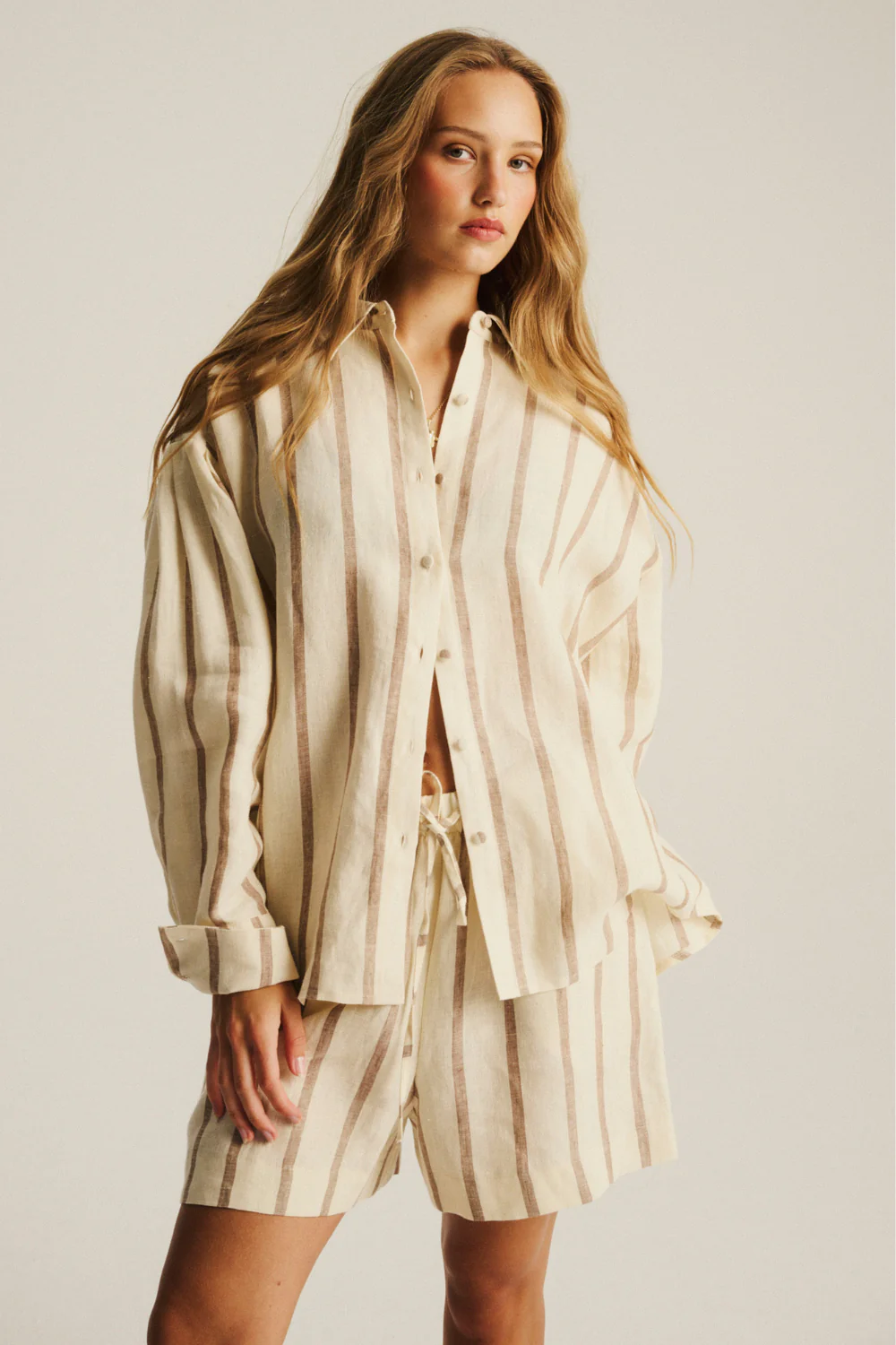 Koszula Kayla Linen Ecru Cappuccino Stripe - Image 6