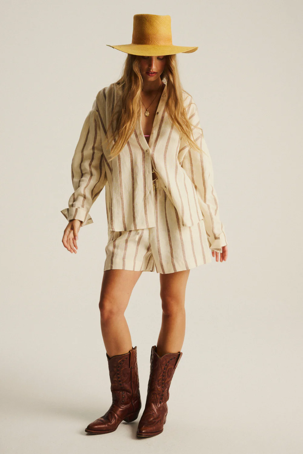 Szorty Palermo Linen Ecru Cappuccino Stripe - Image 7