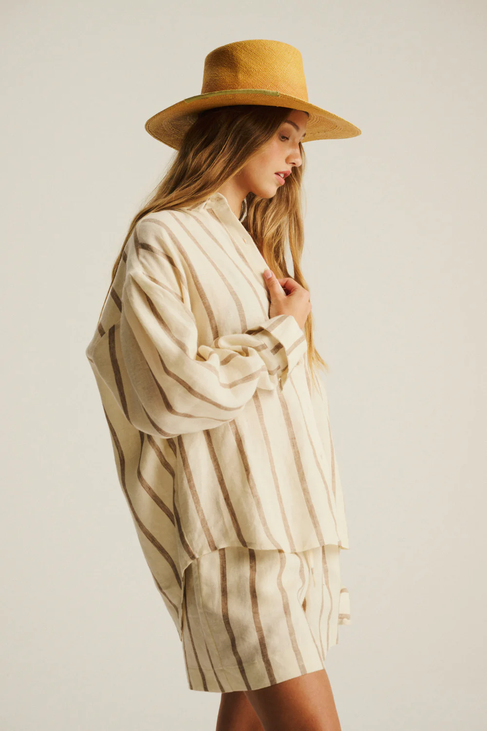 Szorty Palermo Linen Ecru Cappuccino Stripe - Image 9